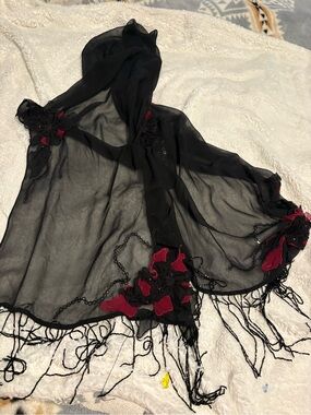 Black Sheer Scarf with Red Floral Appliqué and Fringe